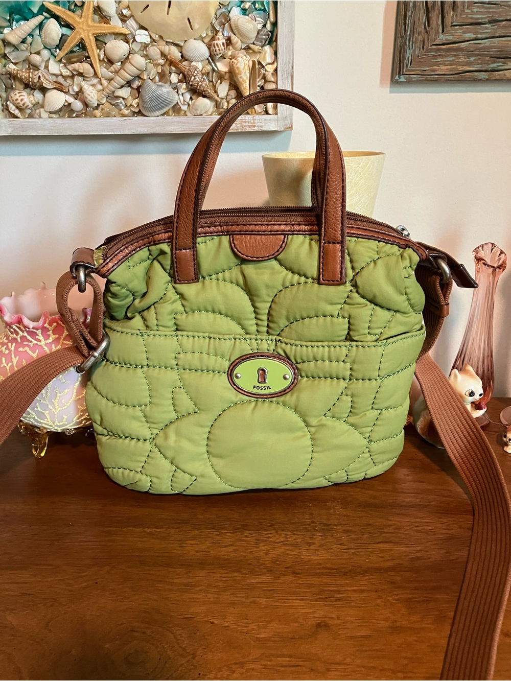 Fossil Quilted Green Key-Per Crossbody with Brown Trim